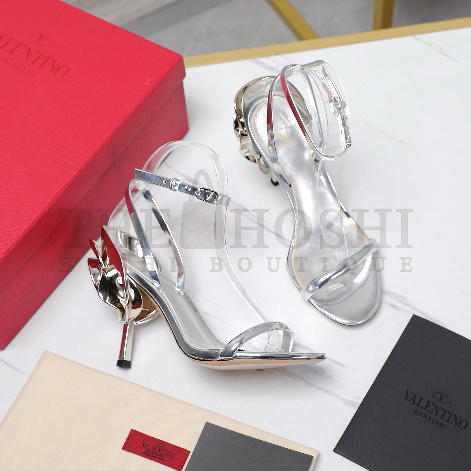 Va1e*ntin0 Roserouche Sandals 1990 100mm in Silver Calfskin Master Quality