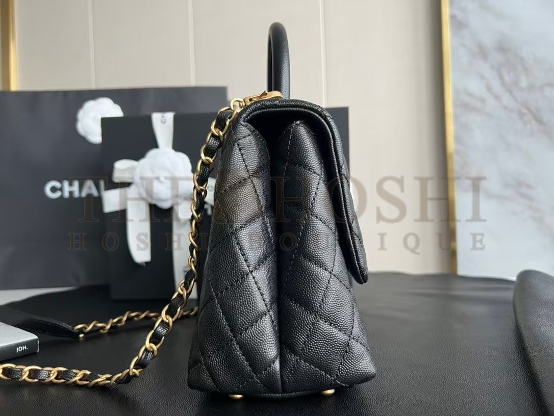 Ch**el Women Flap Bag with Top Handle in Grained Calfskin Leather-Black size:29cm Master Quality
