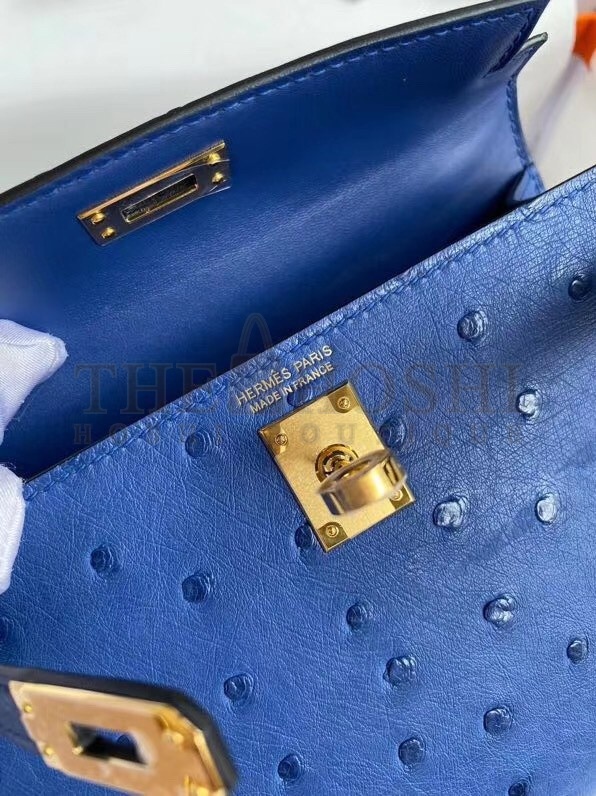 H**me5 Blue Electric Ostrich Kelly Mini II Handmade Bag Master Quality