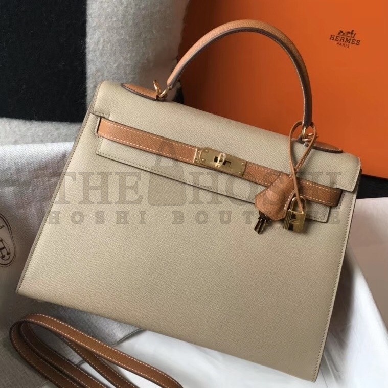 H**me5 Bi-color Kelly 32cm Epsom Bag Tourterelle/Gold GHW Master Quality