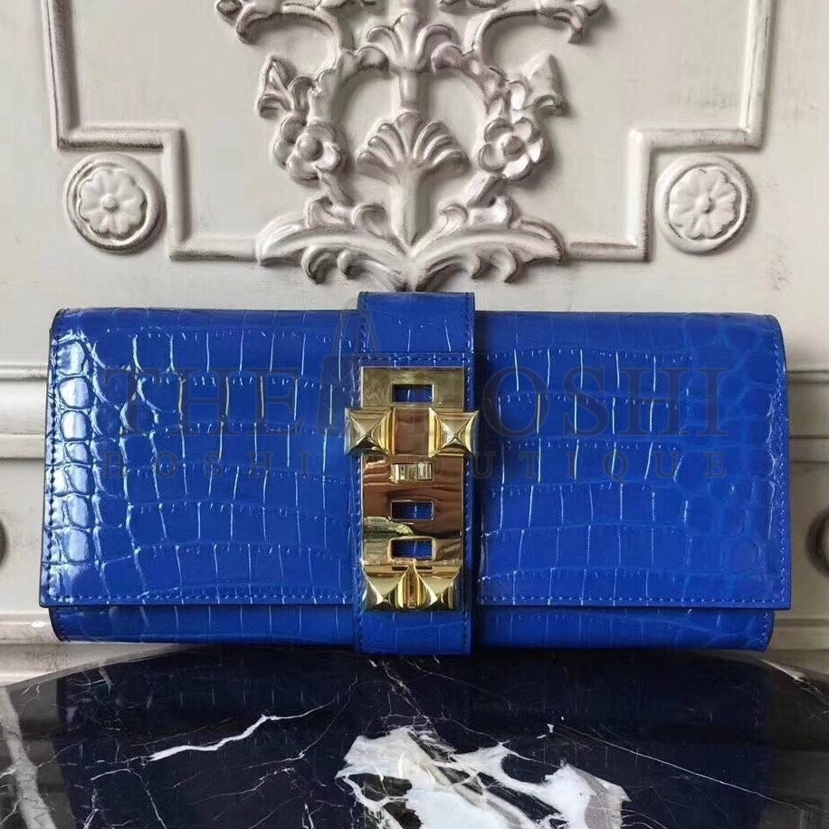 H**me5 Medor Clutch Bag In Blue Crocodile Leather Master Quality