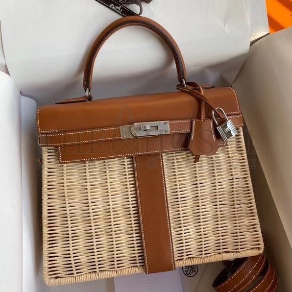 H**me5 Brown Picnic Kelly 28cm Wicker Bag Master Quality