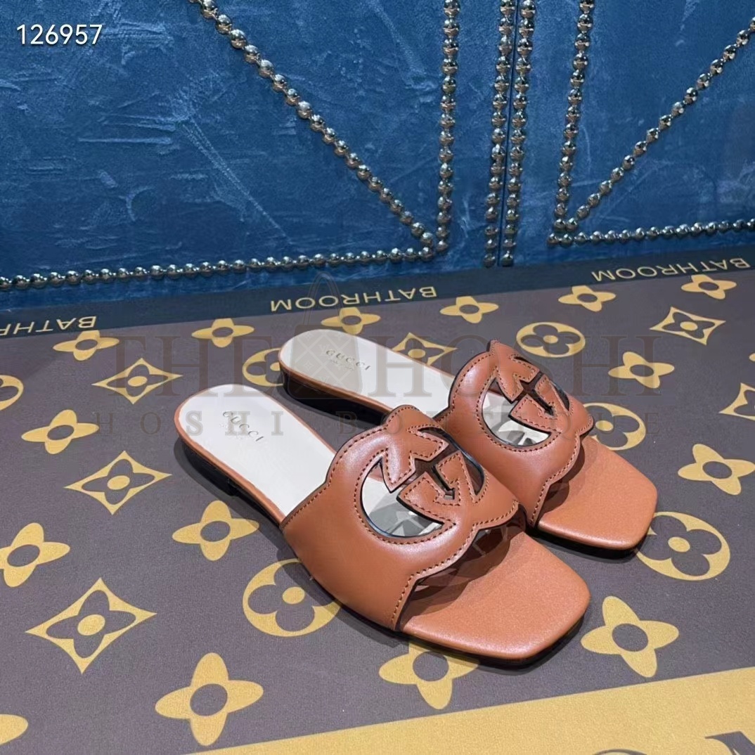 Gvc*1 Unisex Interlocking G Slide Sandals Orange Leather Cut-Out Flat Master Quality