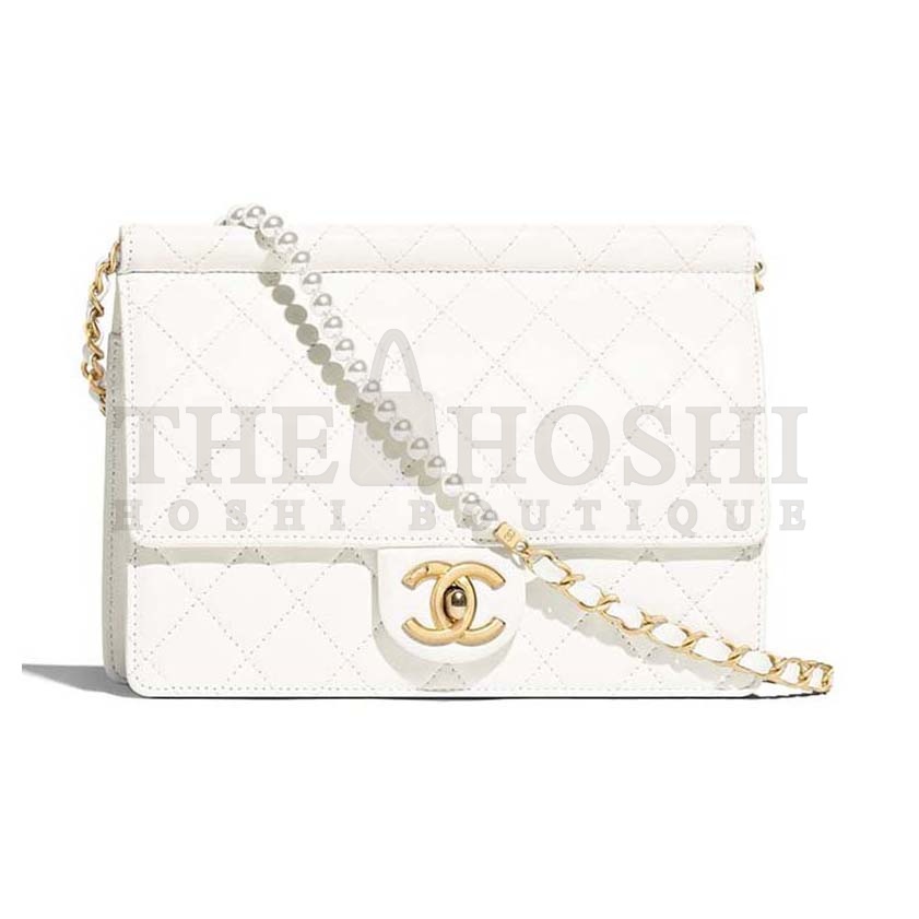 Ch**el Women Flap Bag White Ringer Pearl in Goatskin Leather Master Quality