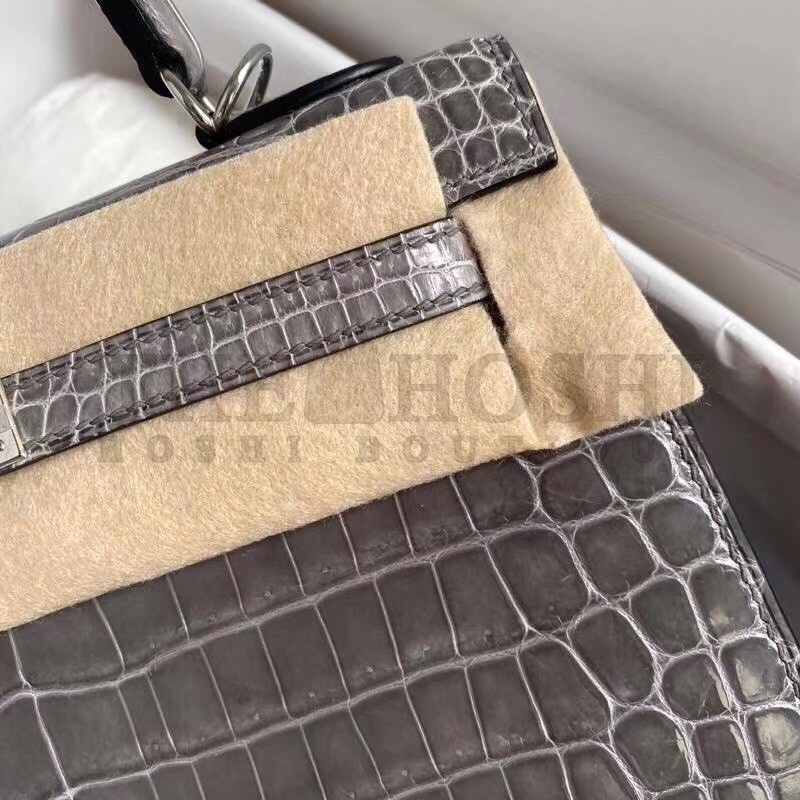 H**me5 Grey Kelly 25cm Shiny Niloticus Crocodile Skin Bag Master Quality