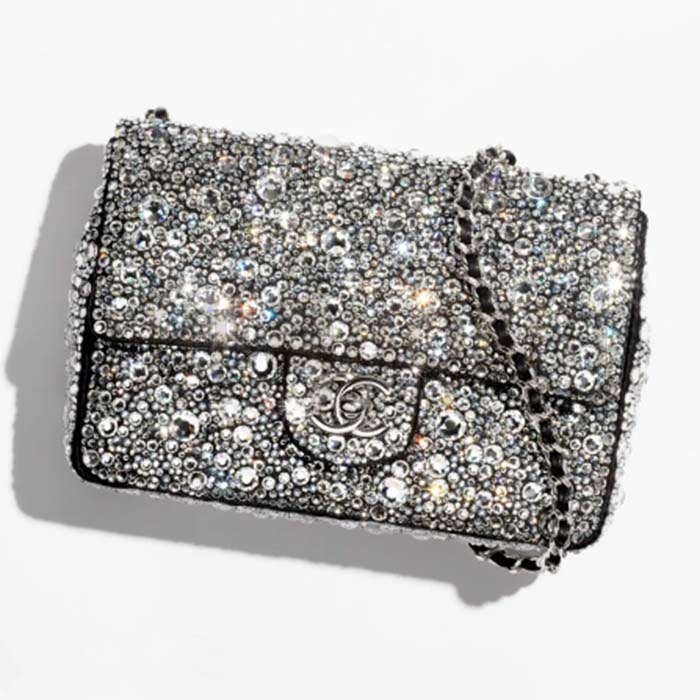 Ch**el CC Women Mini Flap Bag Satin Strass Silver-Tone Metal Silver Master Quality