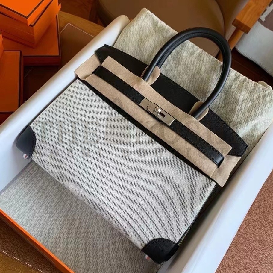 H**me5 Birkin 30 Handmade Bag In Toile &amp; Black Swift Leather Master Quality