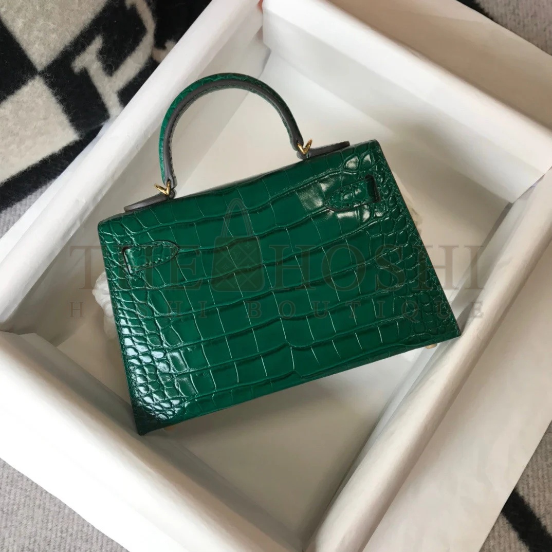 H**me5 Kelly Mini II Sellier Bag In Green Crocodile Embossed Leather Master Quality