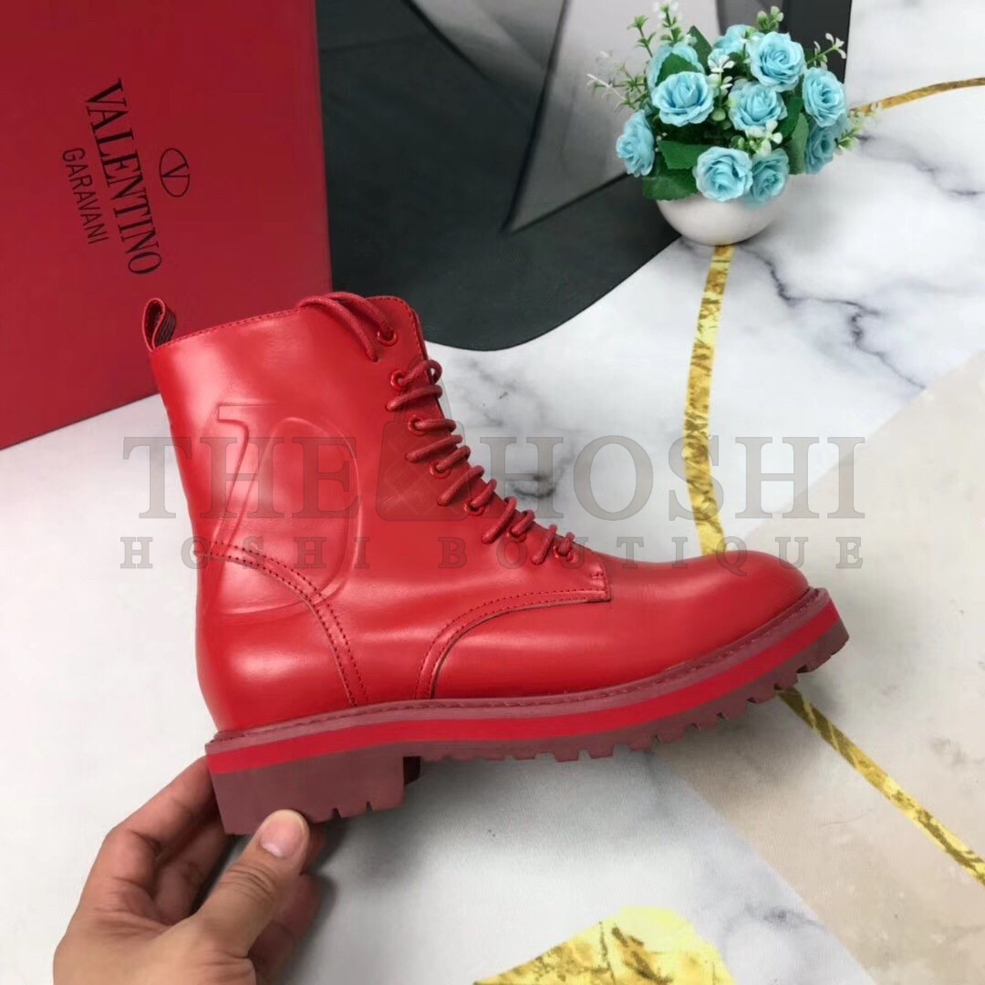 Va1e*ntin0 Red Leather VLogo Combat Boots Master Quality