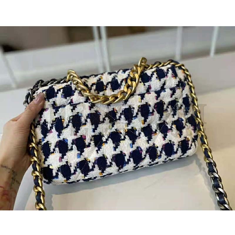 Ch**el Women 19 Flap Bag Tweed Gold Silver-Tone Ruthenium-Finish Metal Ecru Navy Blue Multicolor Master Quality