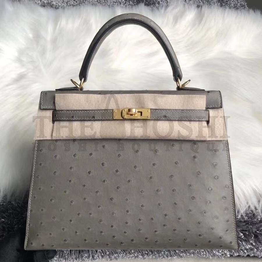 H**me5 Gris Asphalt Ostrich Kelly 25cm Handmade Bag Master Quality