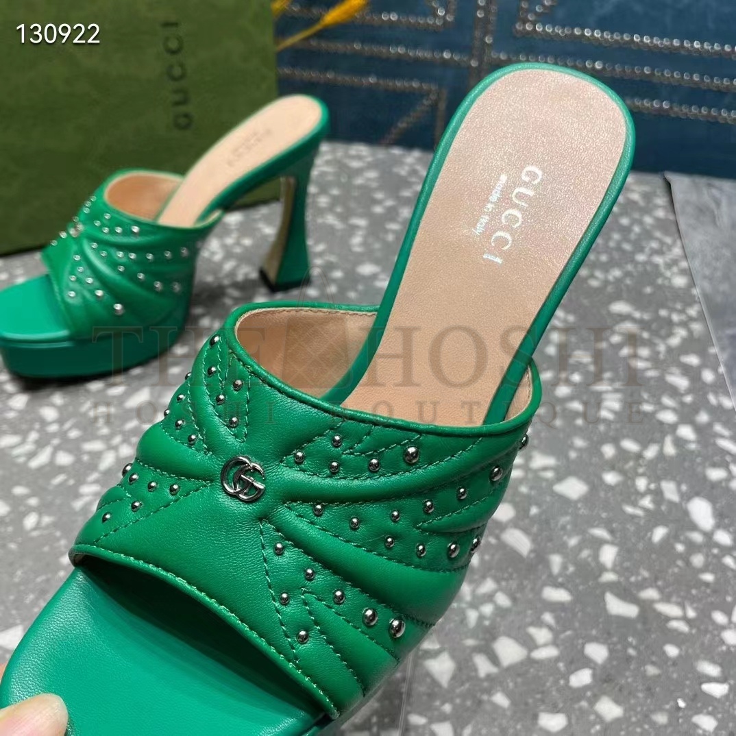 Gvc*1 Women Heeled Slide Sandals Green Leather Studs Spool High 15 Cm Heel Master Quality
