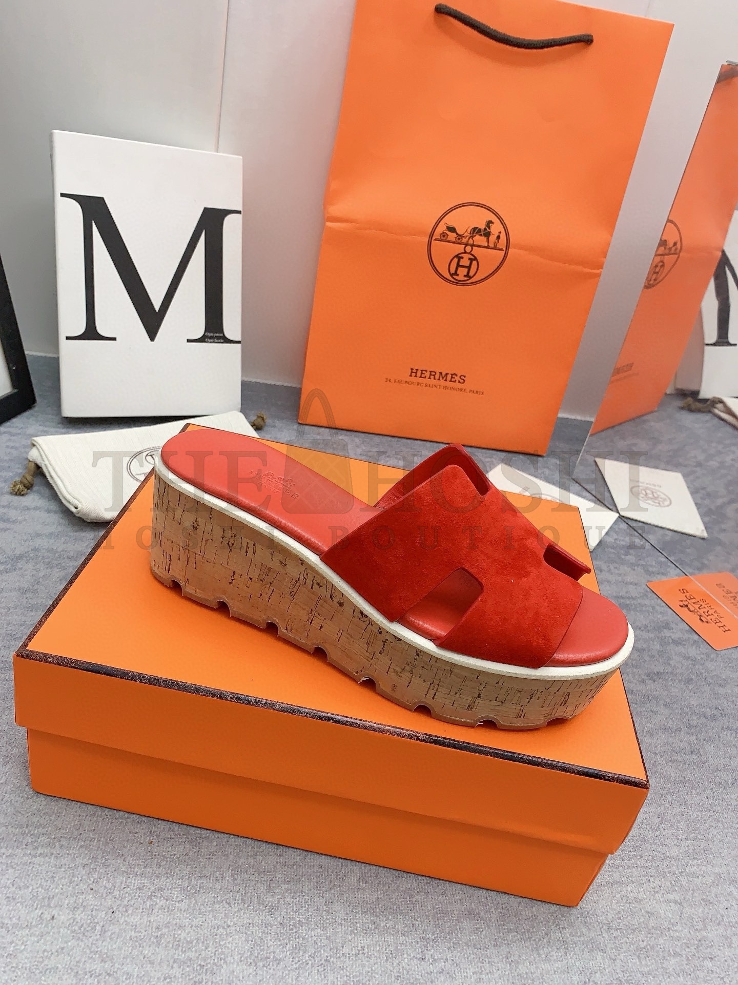 H**me5 Eze 30 Cork Platform Sandals in Piment Suede Leather Master Quality