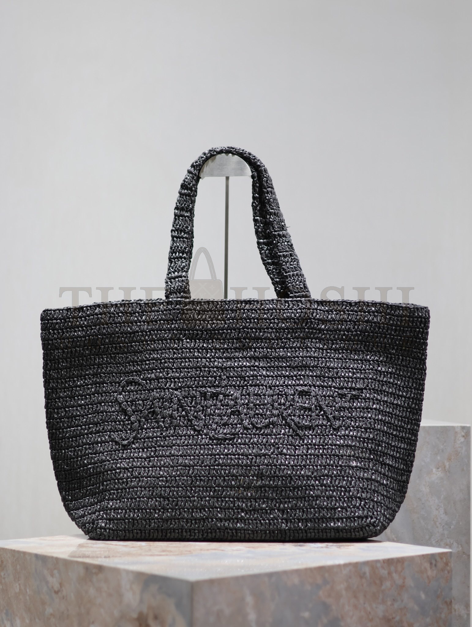 Sa1nt Lau*nt Handwoven Raffia Tote Bag Black 41cm Minimalist Chic Design Master Quality