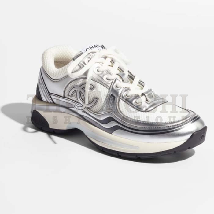 Ch**el trainer shoes Women CC Sneakers Fabric Laminated White Silver Master Quality