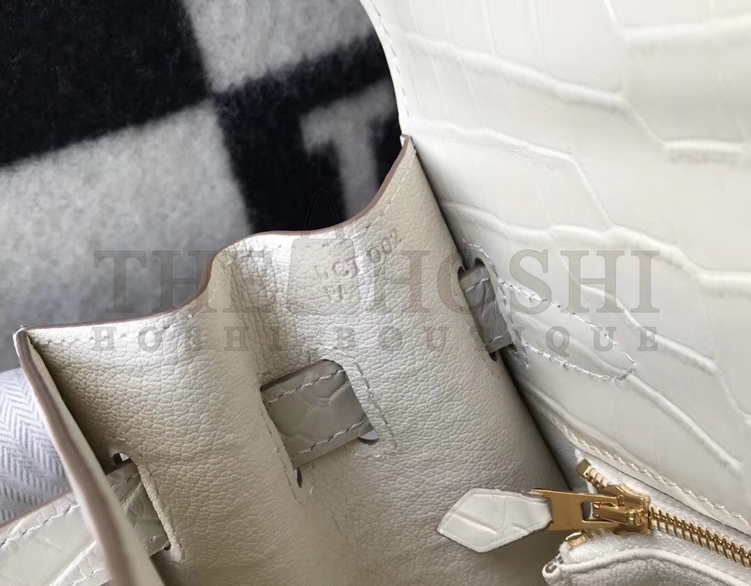 H**me5 Kelly 25cm Bag In White Embossed Crocodile Master Quality