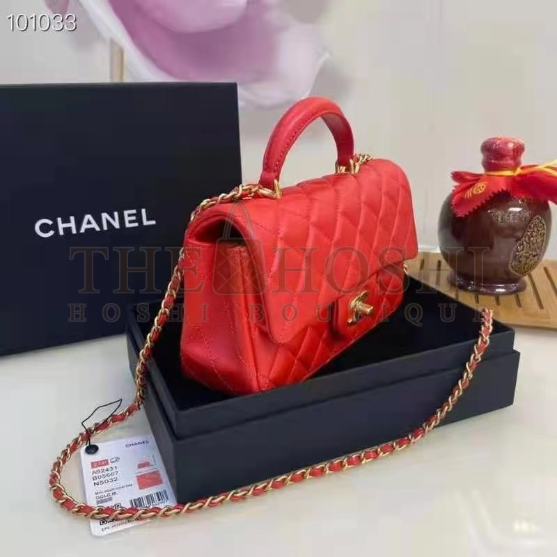 Ch**el Women Mini Flap Bag with Top Handle Grained Calfskin Gold-Tone Metal Red Master Quality