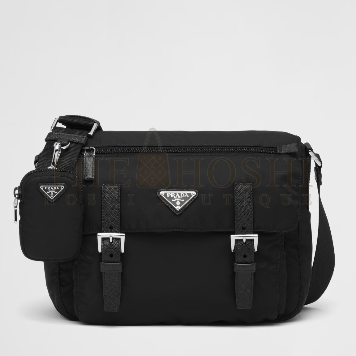Pra*a Shoulder Bag with Flap in Black Re-Nylon Master Quality
