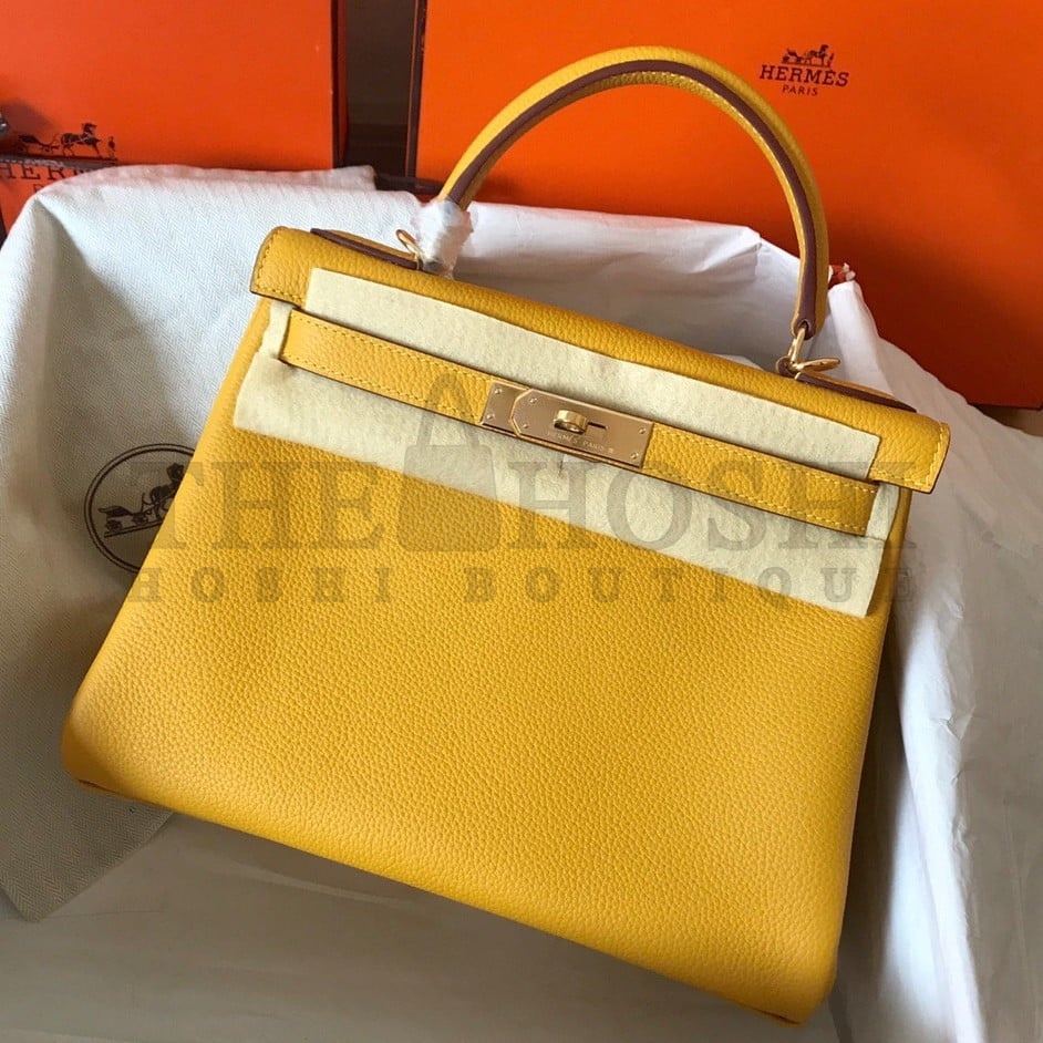 H**me5 Kelly Retourne 28 Handmade Bag In Jaune Ambre Clemence Leather Master Quality