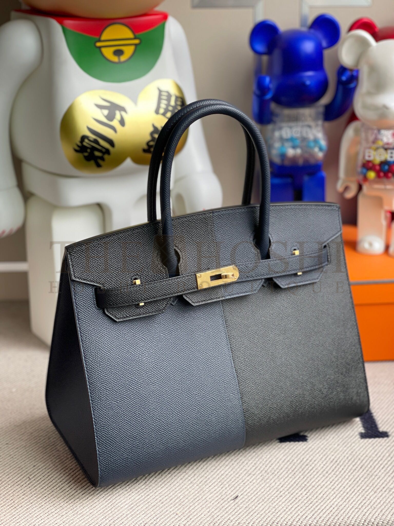 H**me5 Birkin 30 Bag Midnight Blue Epsom Leather Black & Blue Interior Gold Hardware 30cm Master Quality