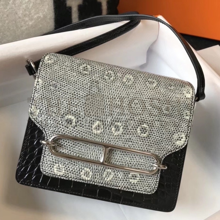 H**me5 Roulis Mini Bag In Black Crocodile With Natural Lizard Master Quality