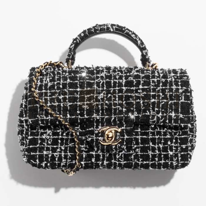Ch**el Women CC Mini Flap Bag Top Handle Sequin Tweed Black Master Quality