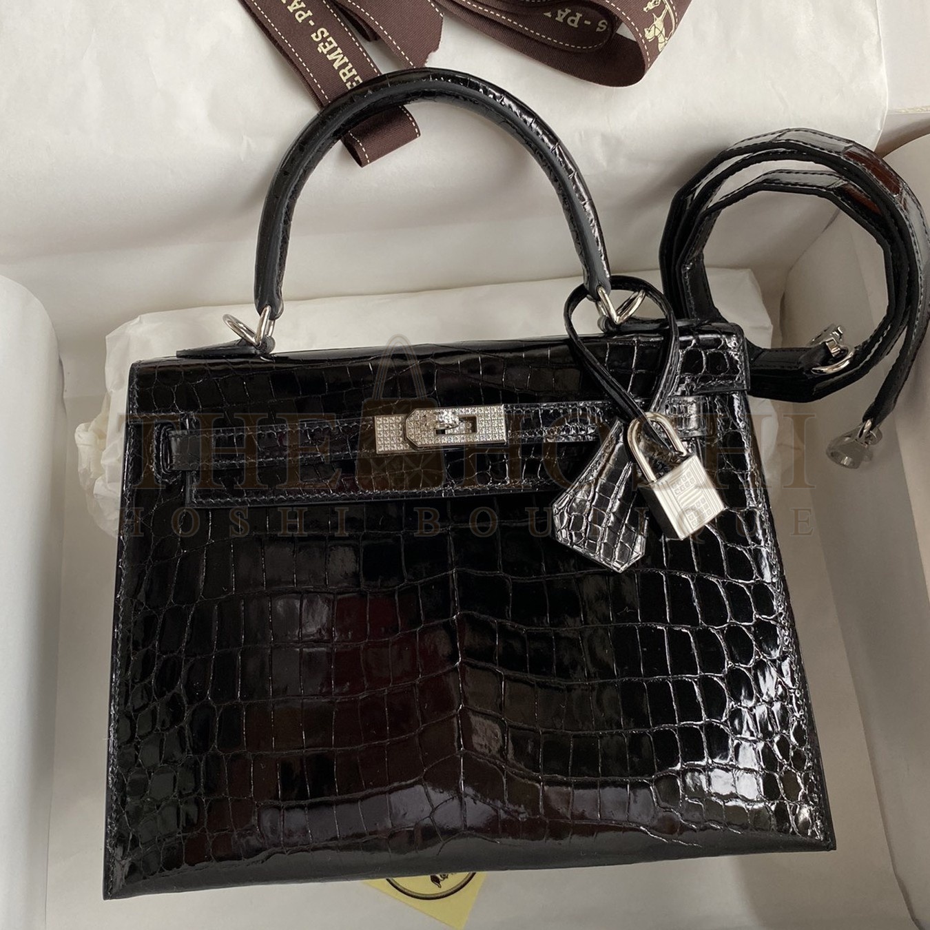 H**me5 Kelly Sellier 25 D1am0nd Bag In Black Crocodile Niloticus Shiny Skin Master Quality