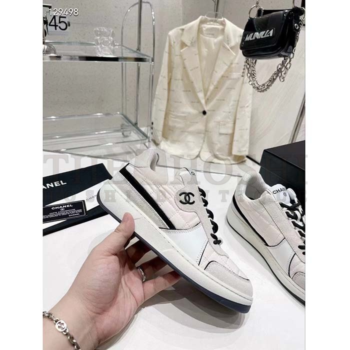 Ch**el Women CC Sneakers Fabric Suede Calfskin Calfskin White Light Gray Master Quality