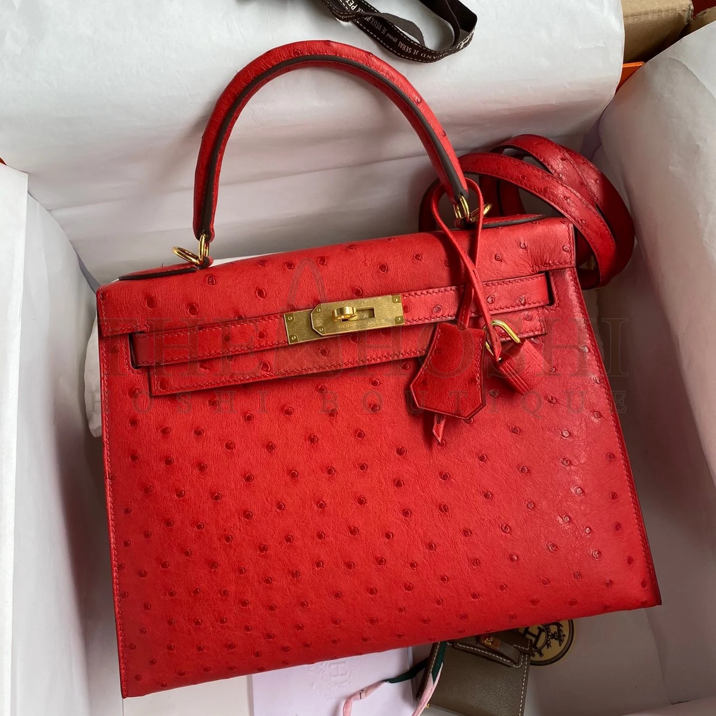 H**me5 Kelly Sellier 28 Handmade Bag In Red Ostrich Leather Master Quality