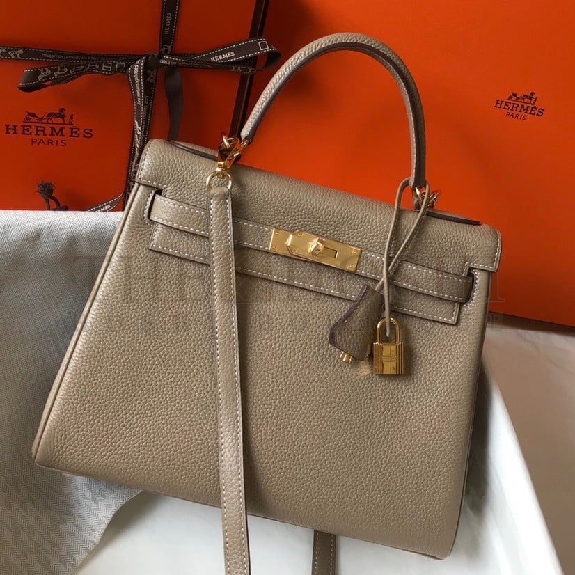H**me5 Kelly 28cm Retourne Bag in Gris Tourterelle Clemence Leather GHW Master Quality