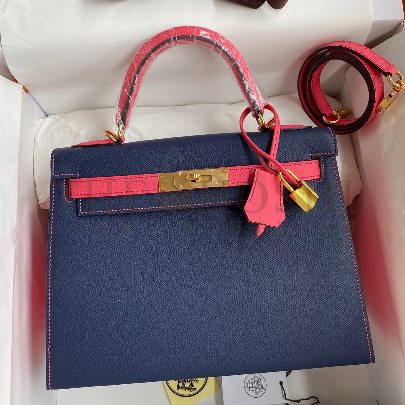H**me5 Kelly Sellier 28 Bicolor Bag in Blue Saphir and Rose Lipstick Epsom Calfskin Master Quality