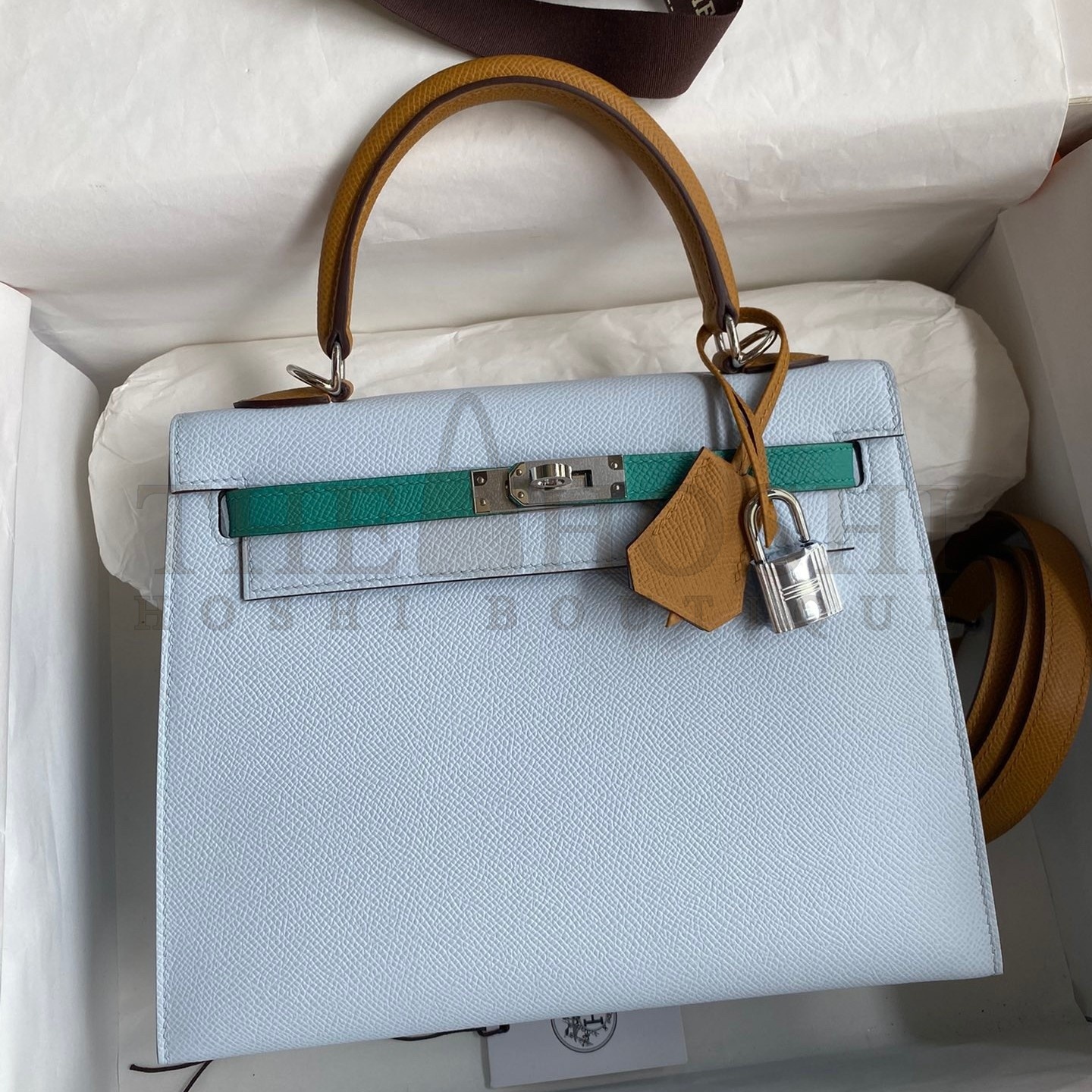 H**me5 Kelly Sellier 25 Tricolor Bag in Blue/Green/SesameEpsom Calfskin Master Quality
