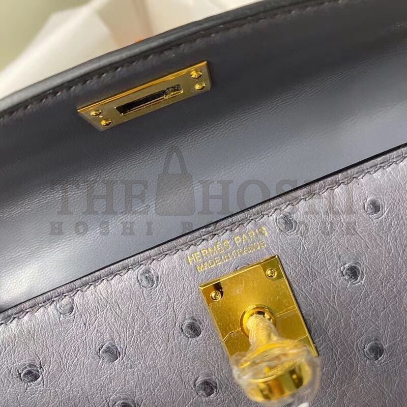 H**me5 Gris Agate Ostrich Kelly Mini II Handmade Bag Master Quality