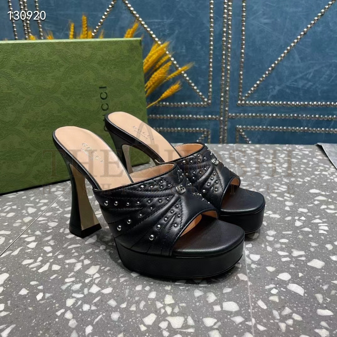 Gvc*1 Women G2 Heeled Slide Sandals Black Leather Studs Spool High 15 Cm Heel Master Quality