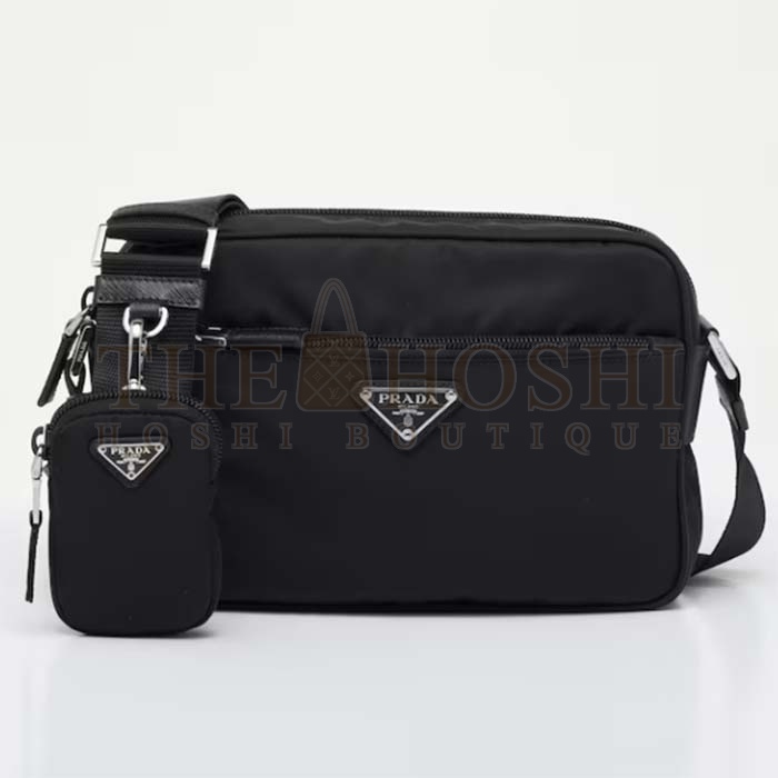 Pra*a Unisex Re-Nylon Saffiano Shoulder Bag Black Zipper Closure Fabric Master Quality