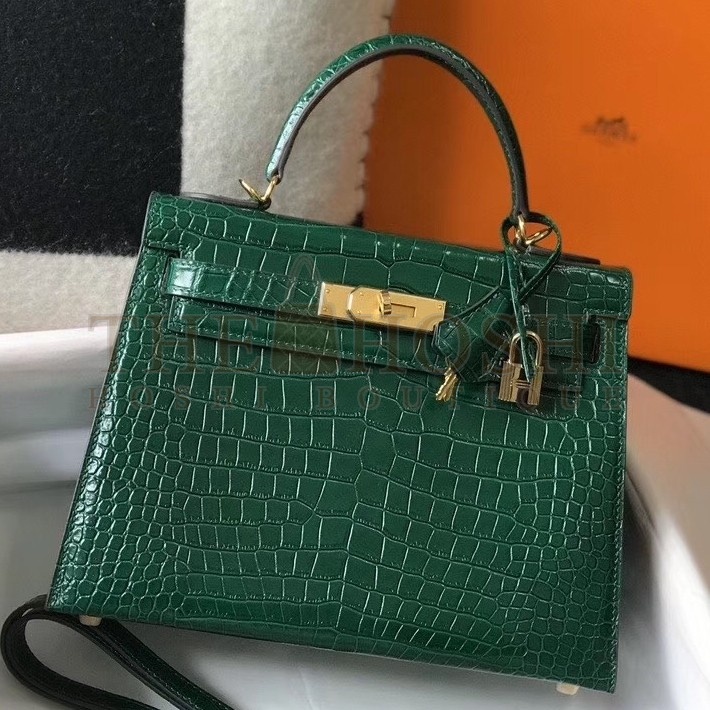 H**me5 Kelly 28cm Bag In Green Embossed Crocodile GHW Master Quality
