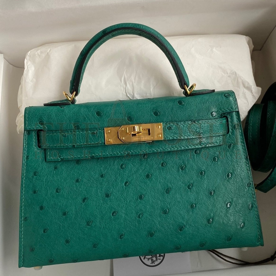 H**me5 Kelly Mini II Sellier Handmade Bag In Vert Vertigo Ostrich Leather Master Quality