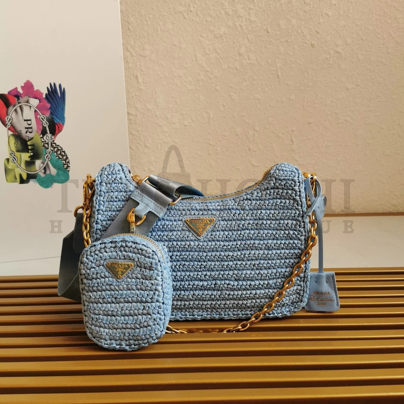 Pra*a Re-Edition 2005 Shoulder Bag In Blue Raffia Master Quality