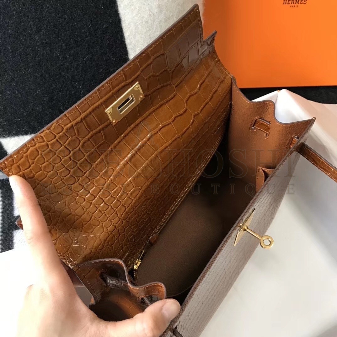 H**me5 Kelly 25 cm Bag In Brown Embossed Crocodile Master Quality