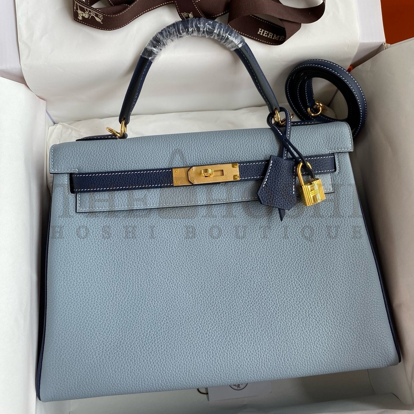 H**me5 HSS Kelly 32 Bicolor Bag in Blue Lin and Blue Clemence Leather Master Quality