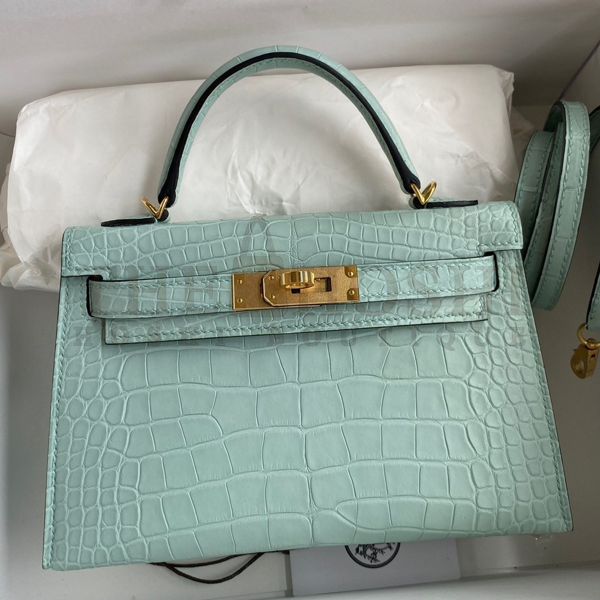 H**me5 Kelly Mini II Sellier Handmade Bag In Vert D'eau Matte Alligator Leather Master Quality