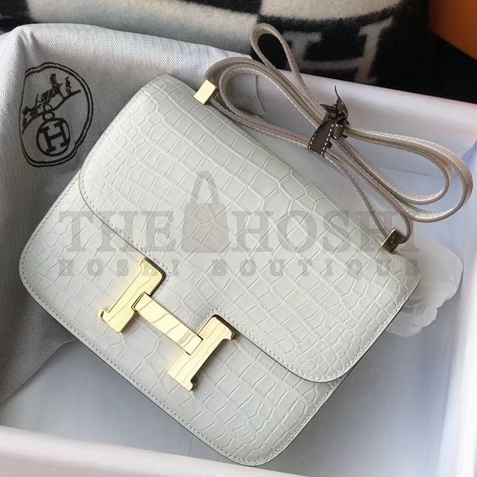 H**me5 Constance 24cm Bag In White Embossed Crocodile Master Quality