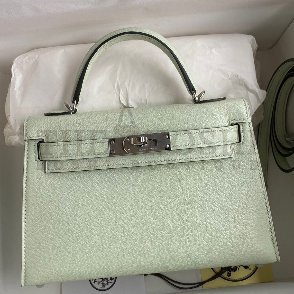 H**me5 Kelly Mini II Sellier Handmade Bag In Vert Fizz Chevre Mysore Leather Master Quality