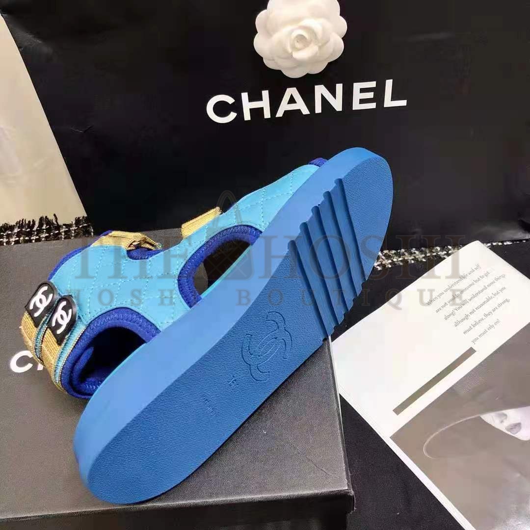 Ch**el Women Sandals Goatskin Fabric &amp; TPU Blue Dark Blue &amp; Black Master Quality