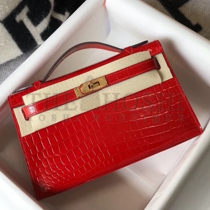 H**me5 Kelly Pochette Bag In Red Embossed Crocodile Leather Master Quality