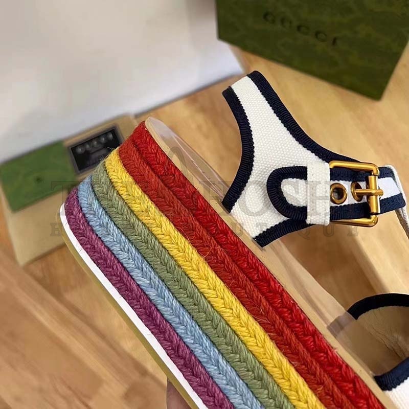 Gvc*1 Women G2 Platform Sandals White Cotton Double G Embroidery 7 Cm Heel Master Quality