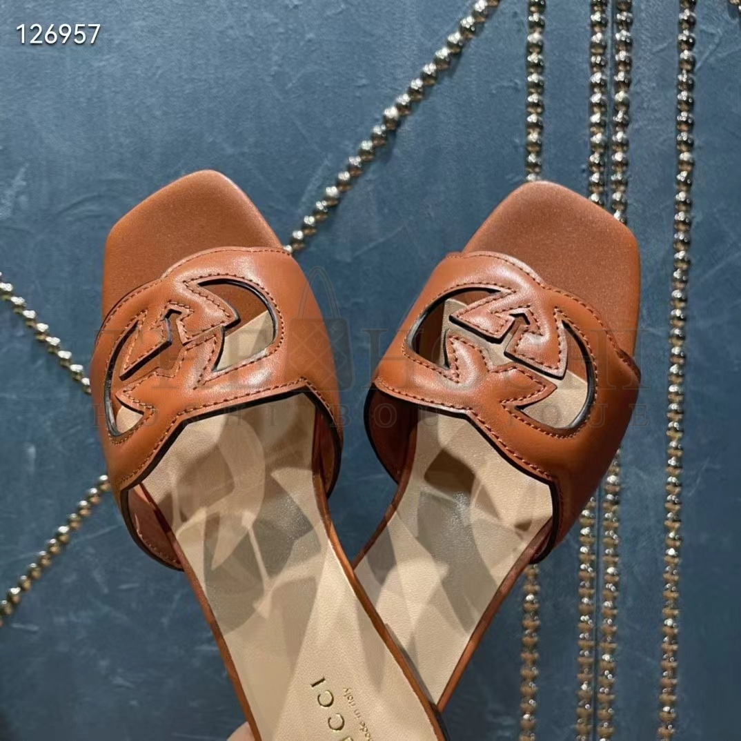 Gvc*1 Unisex Interlocking G Slide Sandals Orange Leather Cut-Out Flat Master Quality