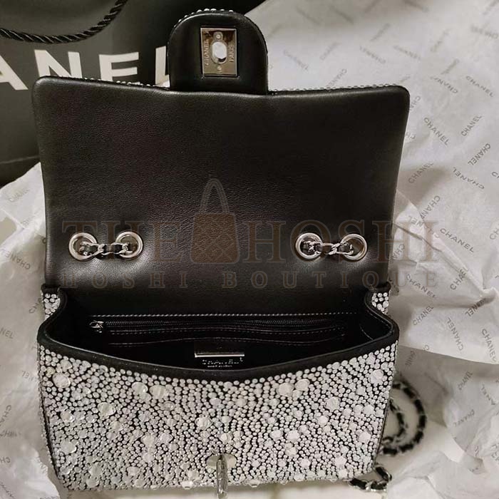 Ch**el CC Women Mini Flap Bag Satin Strass Silver-Tone Metal Silver Master Quality