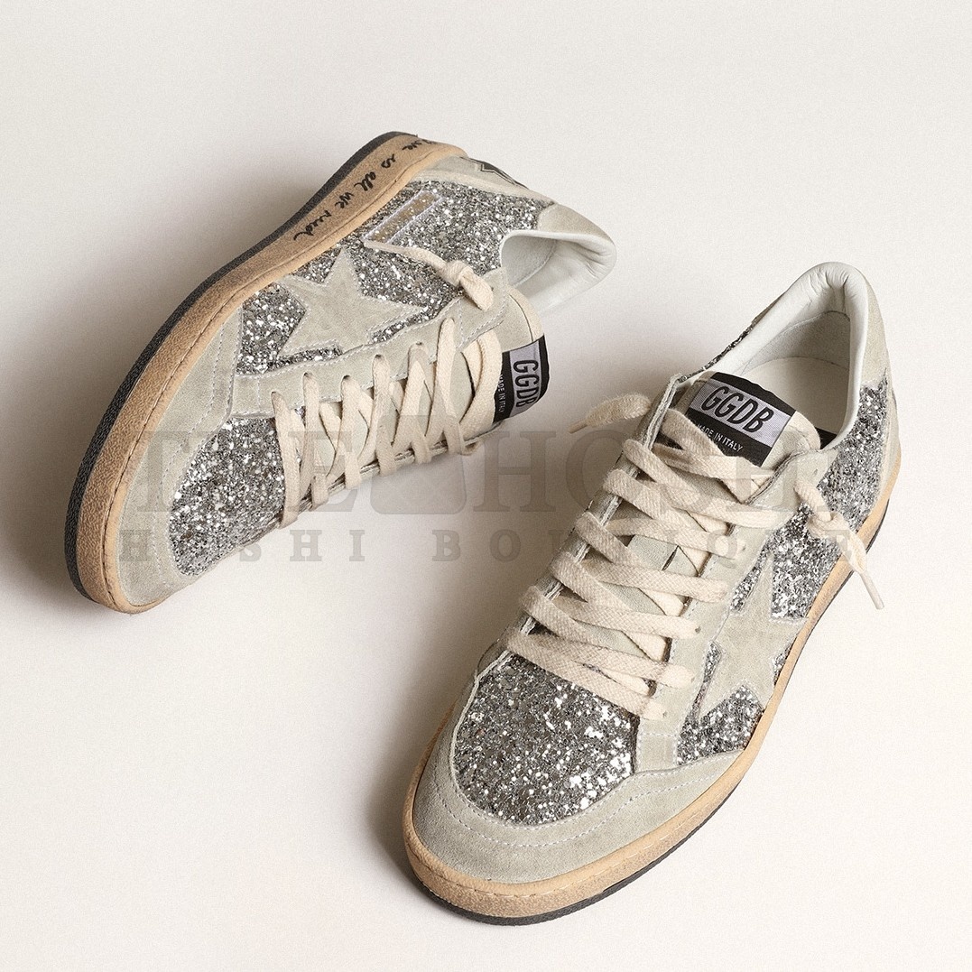Golden Goose Women's Ball Star Sneakers in Silver Glitter and Suede Master Quality