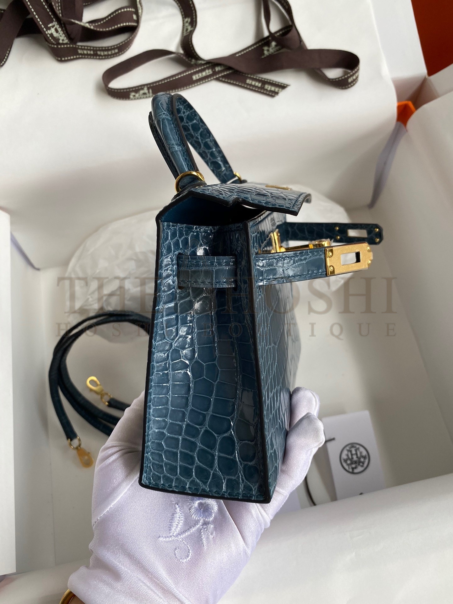 H**me5 Kelly Mini II Sellier Handmade Bag In Blue Jean Shiny Alligator Leather Master Quality